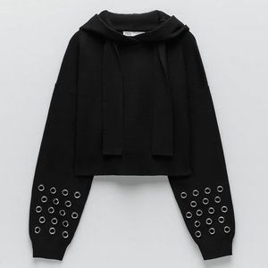 Zara Crop Knit Hoodie in Black